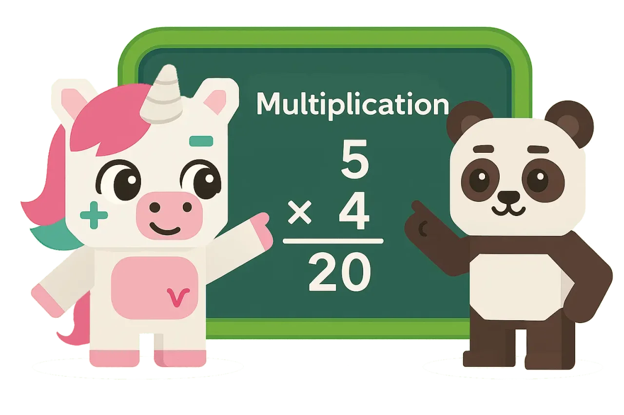 MathRush characters Luna and Mochi solving a multiplication problem at a chalkboard