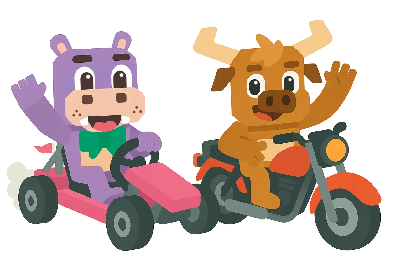 Manolo and Xoco racing in a go-kart and a motorbike